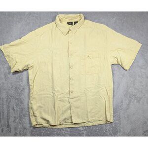 Silk Button Up Shirt Mens Large Yellow Floral Embroidered Vacation Resort Hawaii